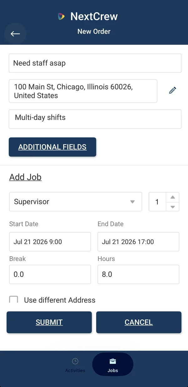NextCrew client app New Order screen with order name, address, position, dates, break and hours fields and a Submit button