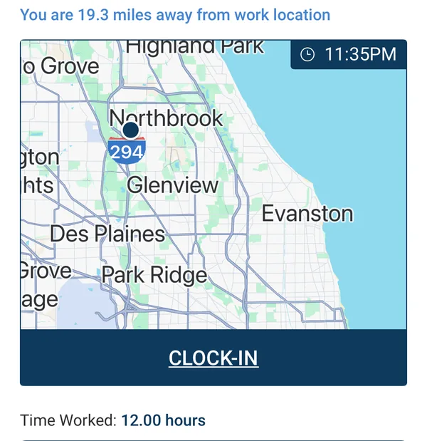 NextCrew Crew app clock-in screen showing the distance to the work location on a map with a Clock-In button