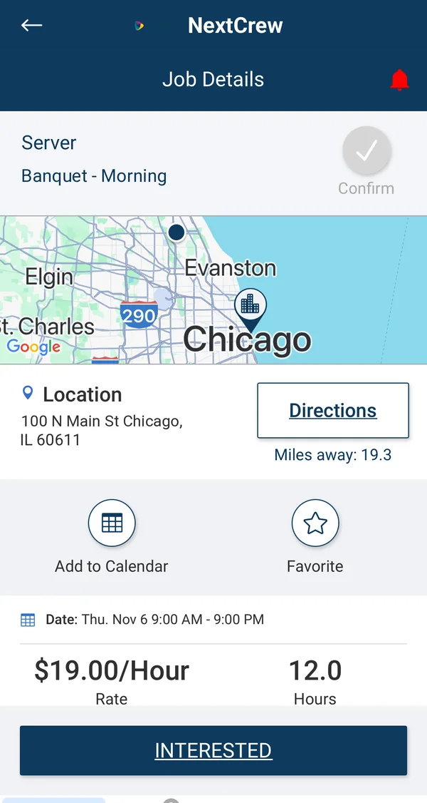 NextCrew Crew app job details screen showing the position, a map, the work location, the date, hourly rate, hours and an Interested button