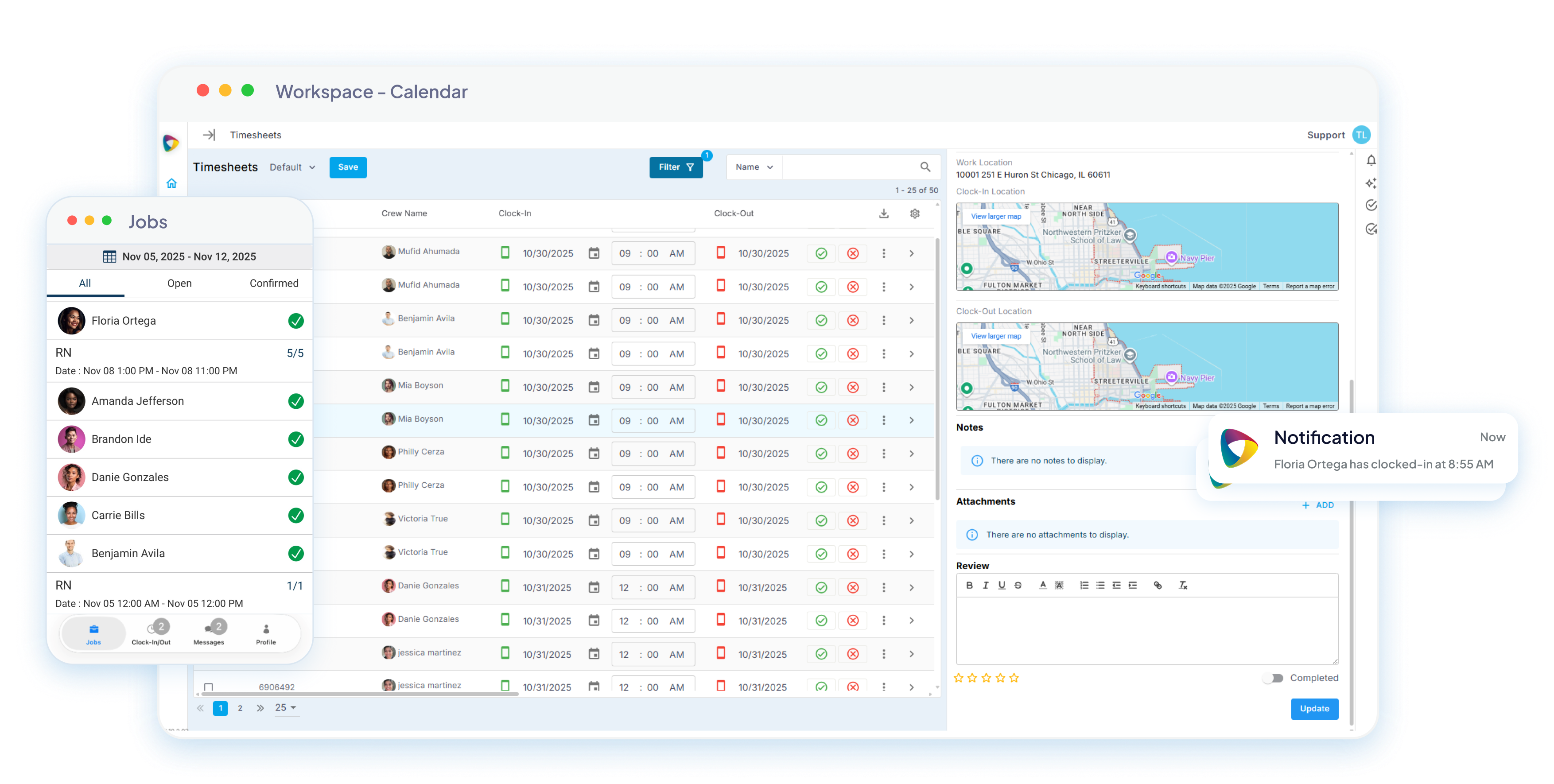 Client timesheet workspace with jobs overview and notifications
