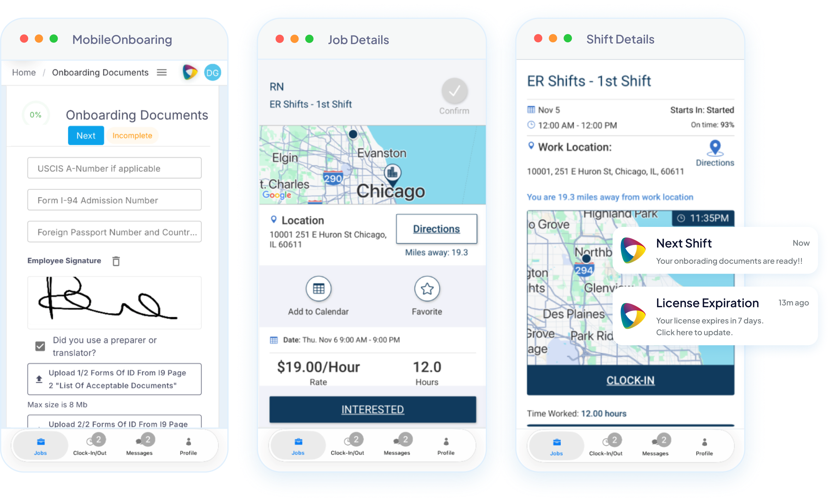 Crew member mobile app – onboarding, job details, and shift clock-in
