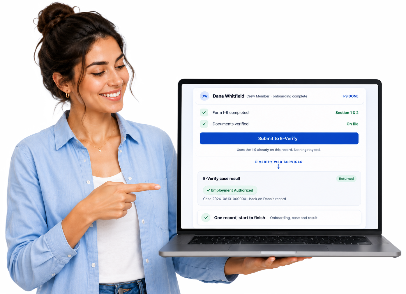 An E-Verify case created from a completed Form I-9 inside NextCrew