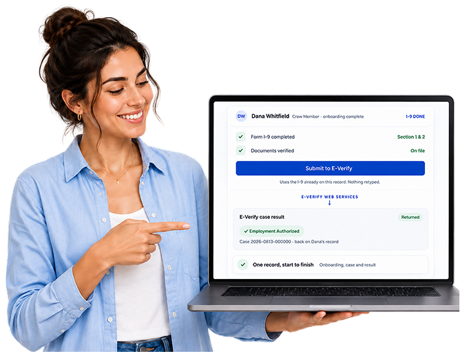 An E-Verify case created from a completed Form I-9 inside NextCrew