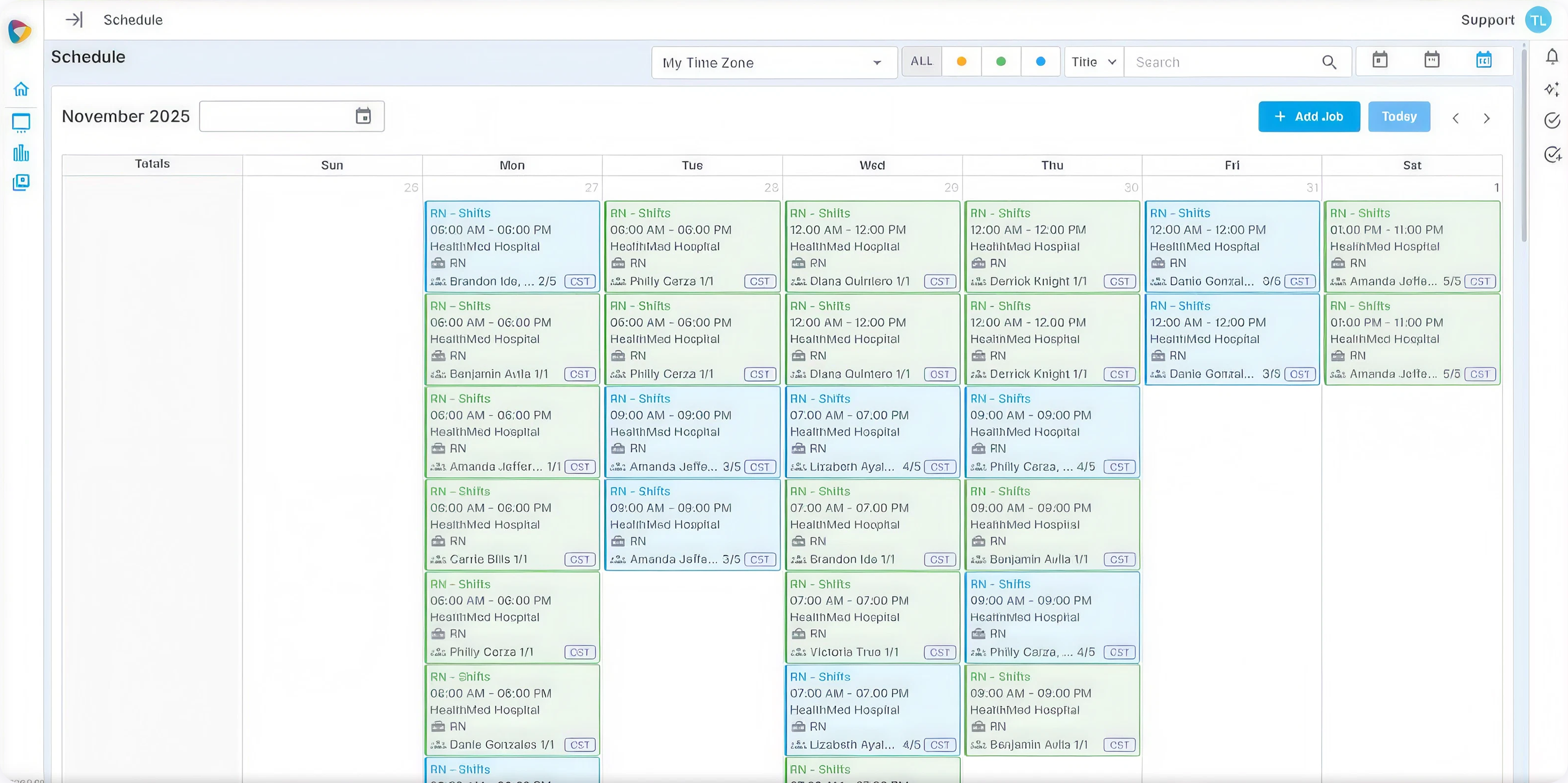 Client portal job board in NextCrew showing Add Job and each shift's confirmed Crew against the number requested