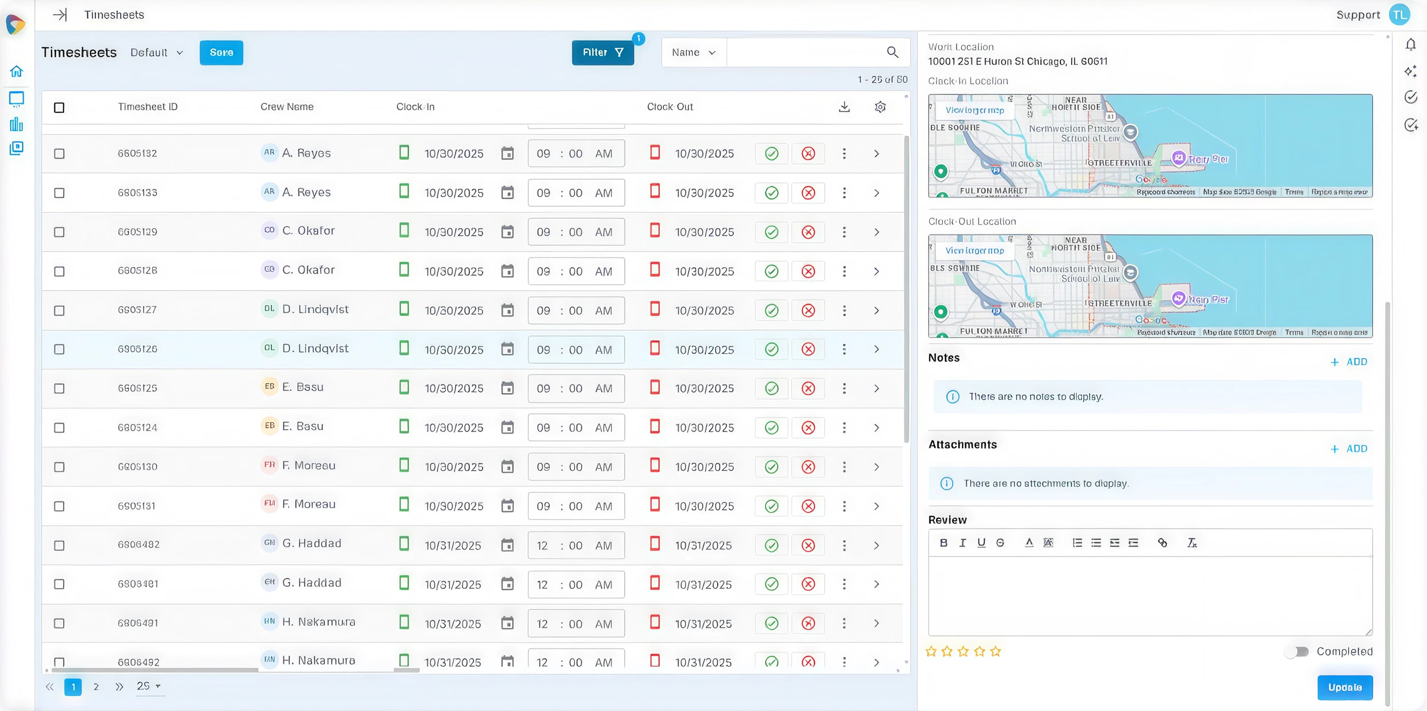 Client timesheet approval in NextCrew with verified clock-in and clock-out locations on a map and a star rating for the Crew Member