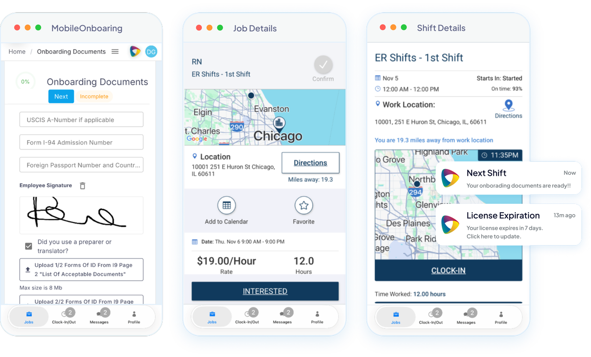 Crew Member mobile app – onboarding, job details, and shift clock-in