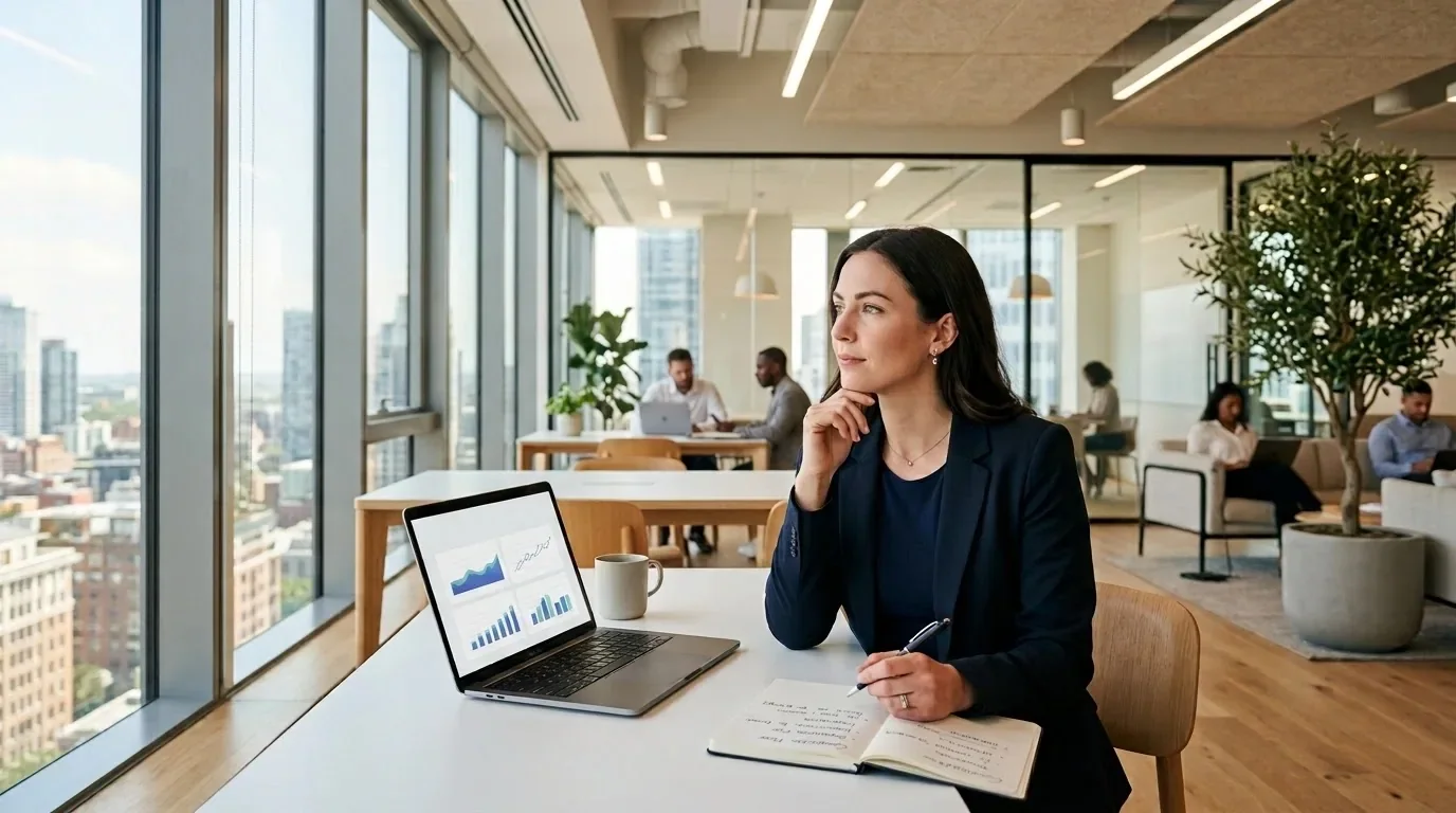 A staffing agency leader at a desk with a laptop showing charts and an open notebook, weighing software options in a bright open-plan office
