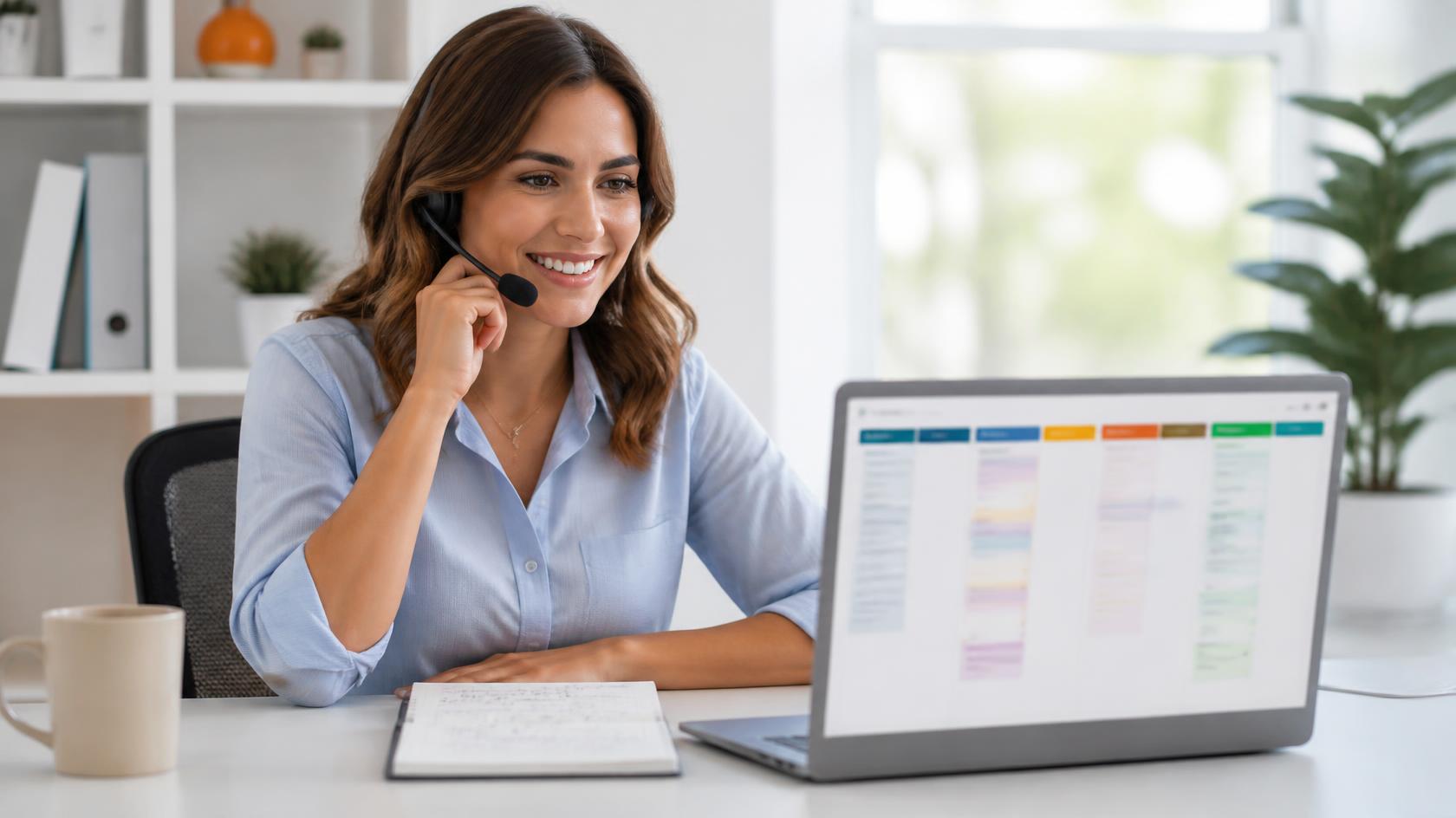 A staffing agency account manager on a call, reviewing a prospect pipeline on a laptop