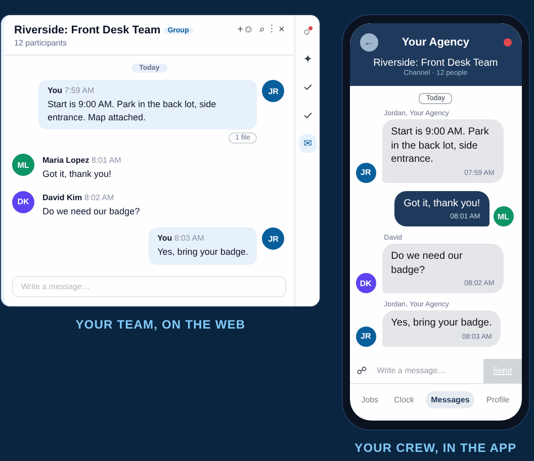 Channels in NextCrew: a job channel on the web and the same conversation in the Crew app