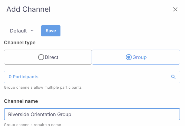Add Channel screen in NextCrew with Direct and Group channel types and a channel name
