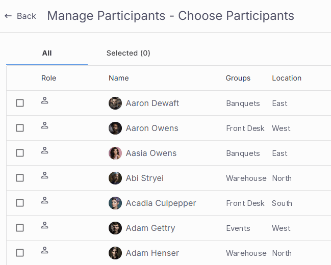Choose Participants screen in NextCrew showing each person's role, groups and location
