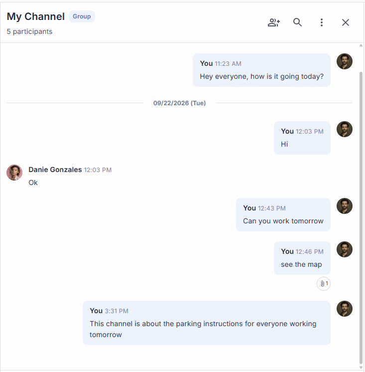 A group channel in NextCrew with messages, a shared file and the participant count